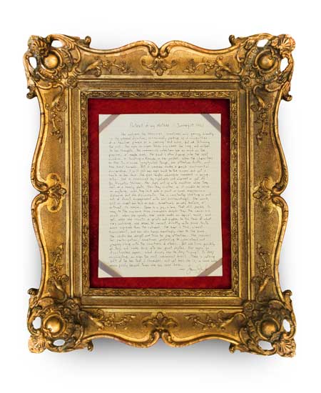 Jason Stoneking's written portrait of his mother shown in a gold frame at Galerie Arnaud Lefebvre in Paris