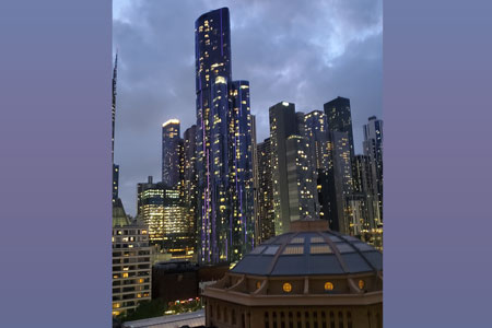 A skyline shot of Melbourne at night